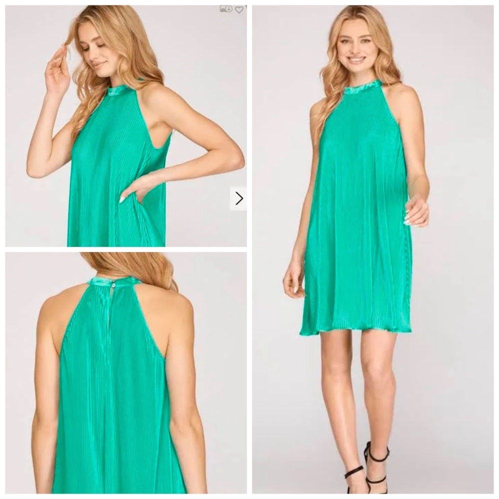 She + Sky Jade Sleeveless Pleated Dress, Medium